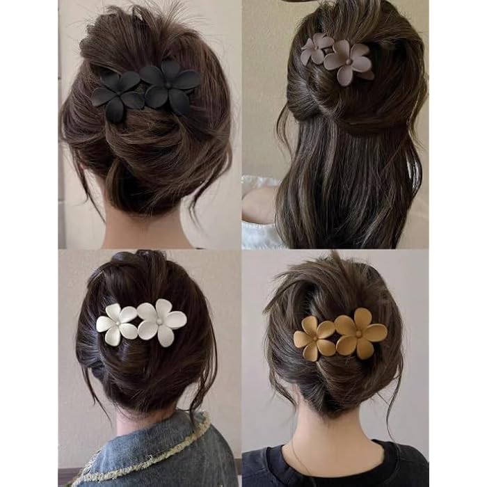 4pc Women's 4.13in/10.5cm Large Black, White, Khaki, Brown Flower Shaped Lightweight Plastic Hair Clips, Fashi Versatile High-End Elegant Simple Minimalist Plain Color Hair Claw - Image 1